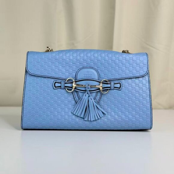 Gucci GG Logo Supreme Blue Leather Shoulder Bag with Tassel Detailing - Picture 1 of 8